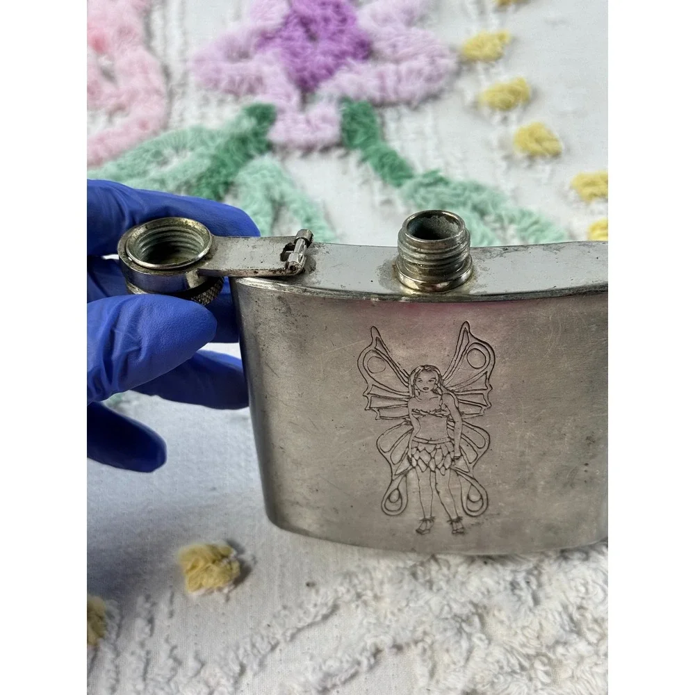 Vintage Fairy Etched Stainless Steel Hip Flask 5oz Silver Y2K Whimsigoth Pocket